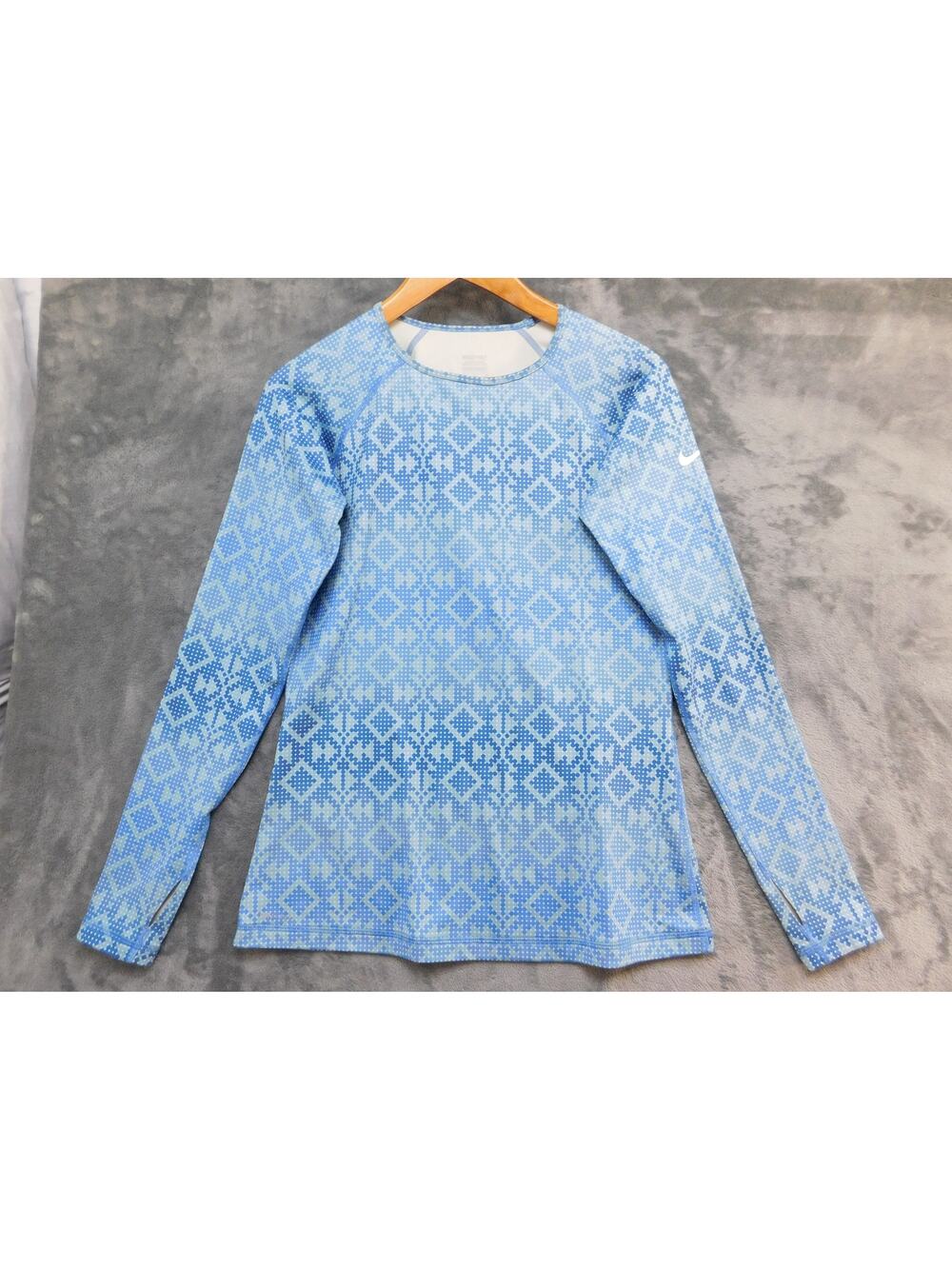 Nike Pro Shirt Womens Large Blue Thermal Long Sleeve Base Layer Top Geometric